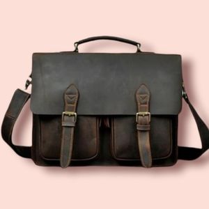 Handmade Vintage style Leather briefcase-- brass finishes & many pockets, 15"x11